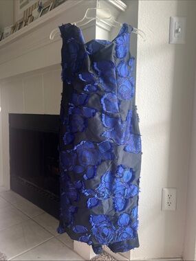 Lela Rose Lapis/Black Flounce Back Floral Brocade Dress